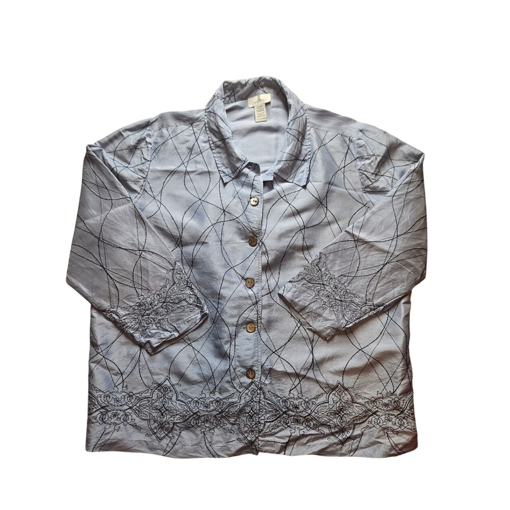 JL Studio Womens 1X Blue 100% Silk Embroidered Button Down Blouse 3/4 Sleeve Top